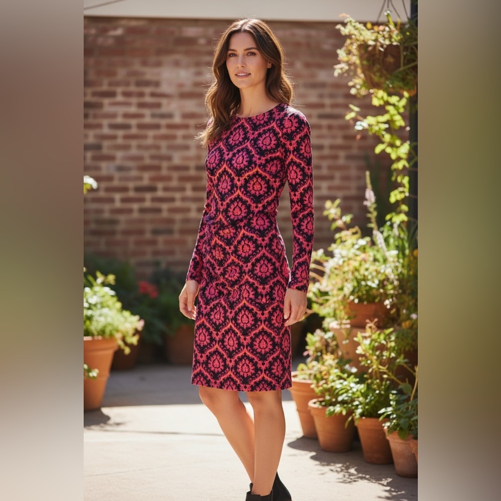JB by Julie Brown Pink and Black Long-Sleeve Patterned Sheath Dress